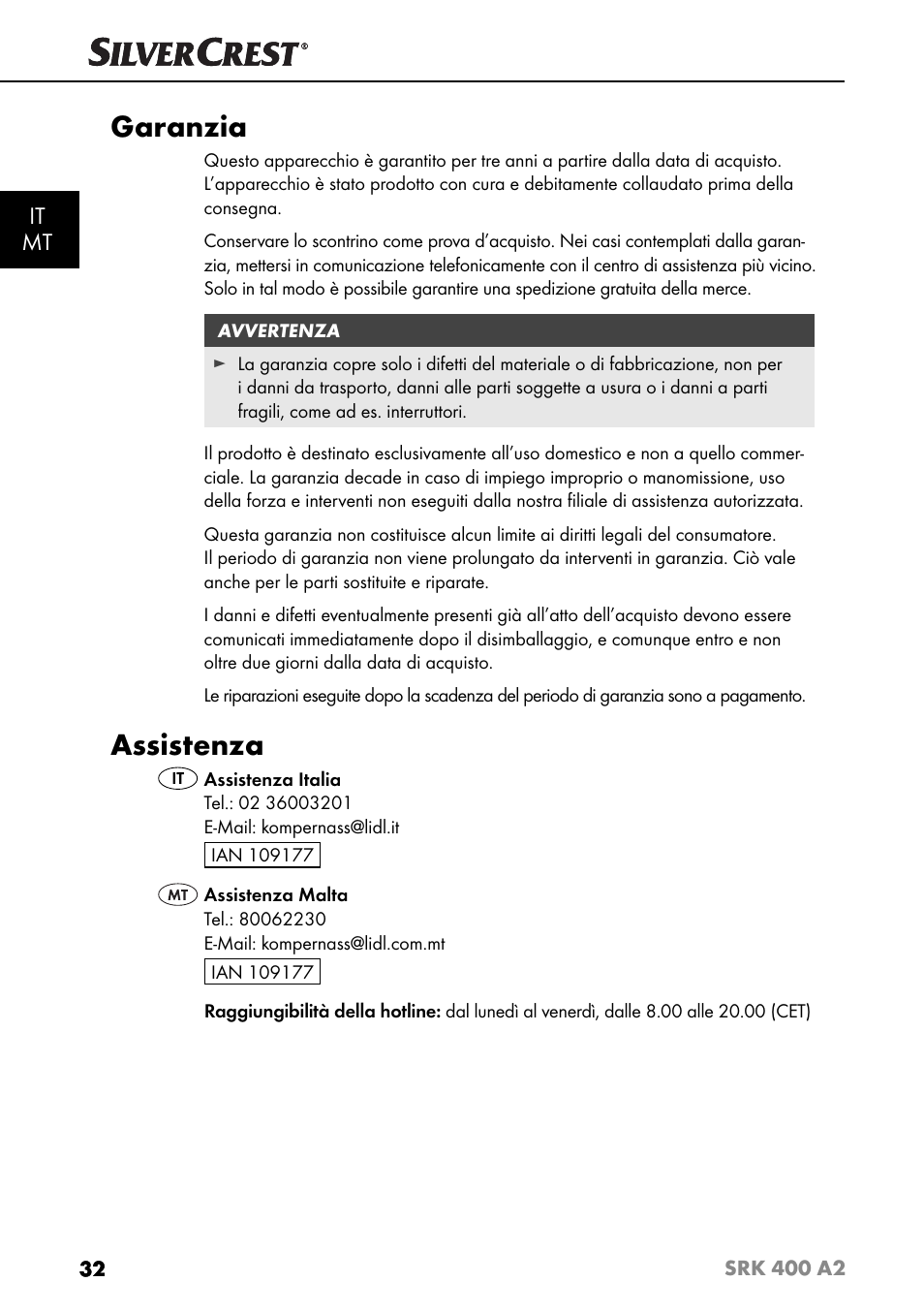 Garanzia, Assistenza, It mt | Silvercrest SRK 400 A2 User Manual | Page 35 / 84