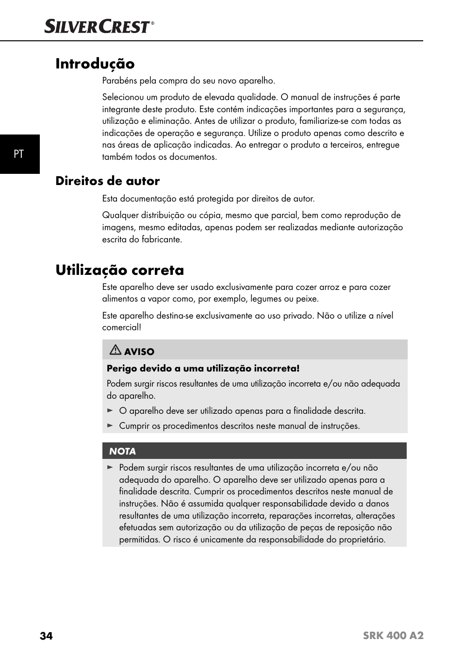 Introdução, Utilização correta, Direitos de autor | Silvercrest SRK 400 A2 User Manual | Page 37 / 84