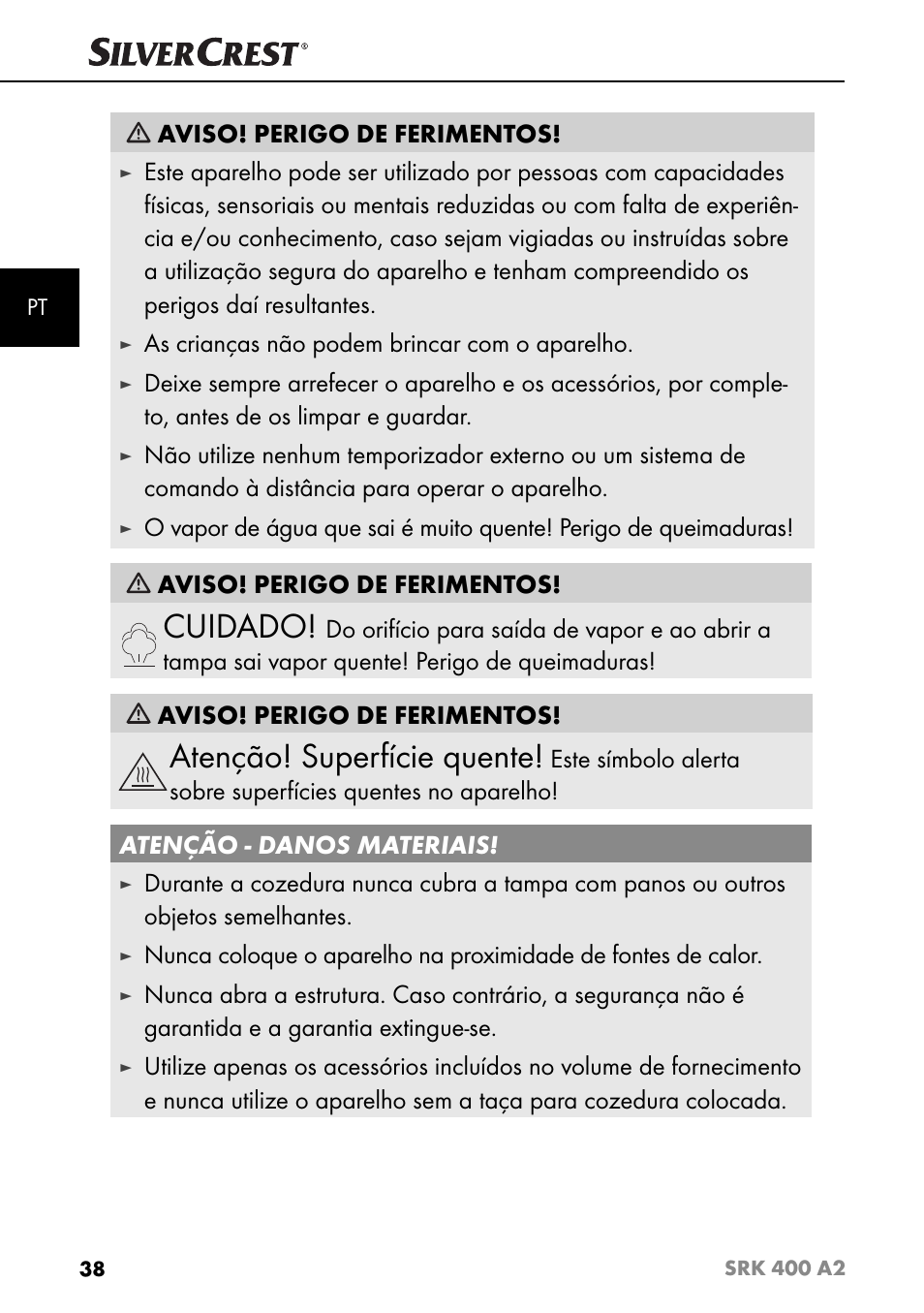 Cuidado, Atenção! superfície quente | Silvercrest SRK 400 A2 User Manual | Page 41 / 84