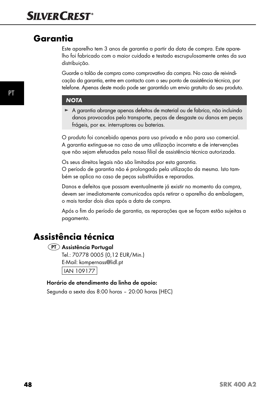 Garantia, Assistência técnica | Silvercrest SRK 400 A2 User Manual | Page 51 / 84