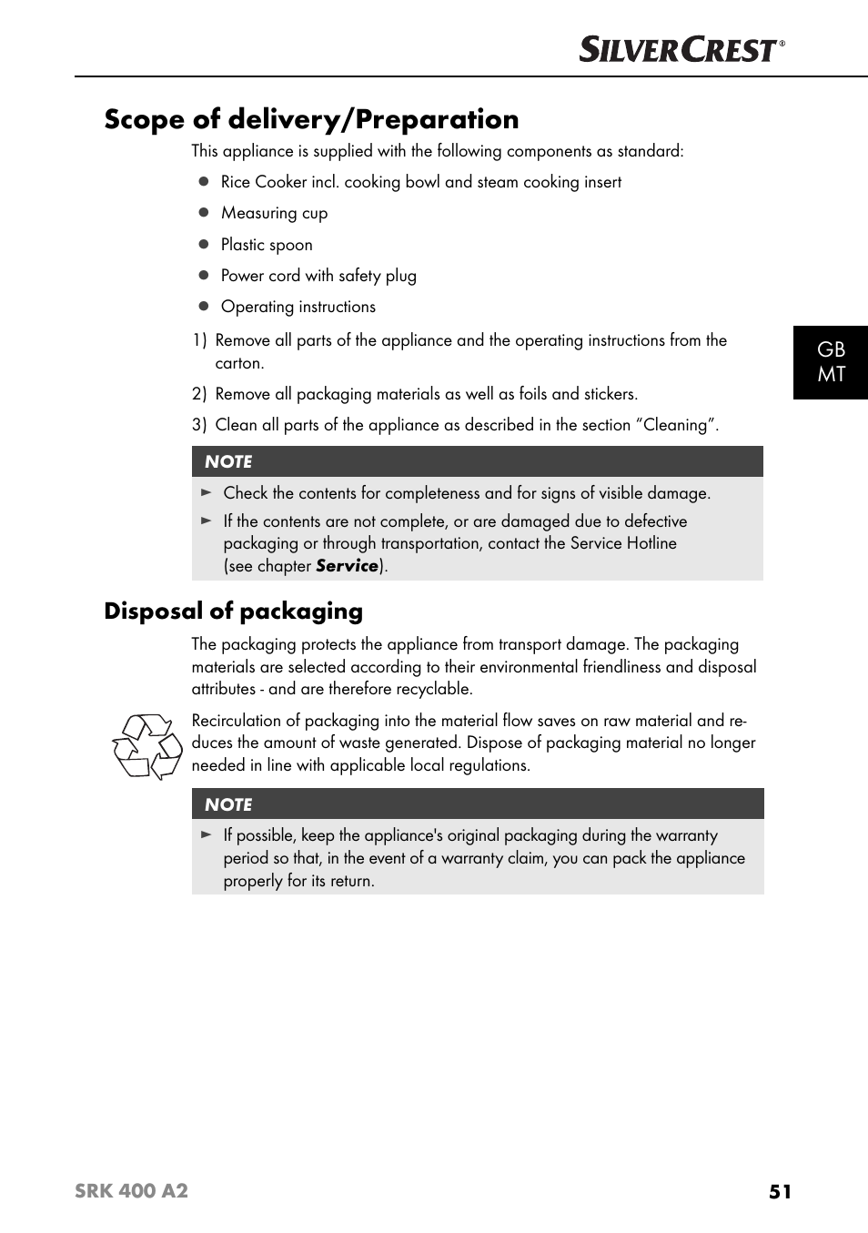Scope of delivery/preparation, Disposal of packaging, Gb mt | Silvercrest SRK 400 A2 User Manual | Page 54 / 84