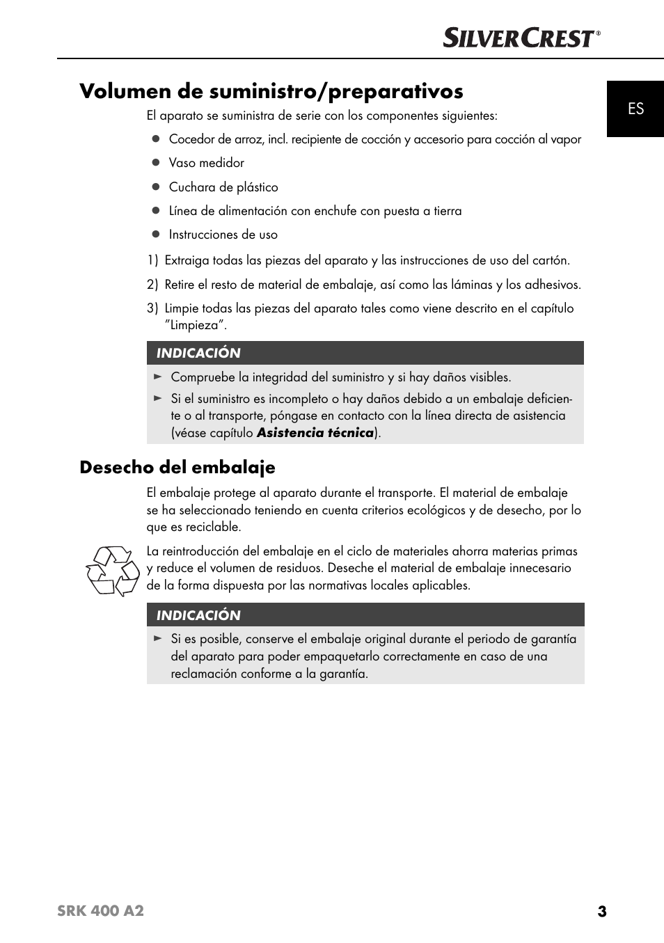 Volumen de suministro/preparativos, Desecho del embalaje | Silvercrest SRK 400 A2 User Manual | Page 6 / 84