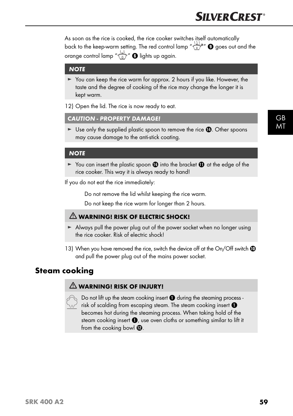 Steam cooking, Gb mt | Silvercrest SRK 400 A2 User Manual | Page 62 / 84
