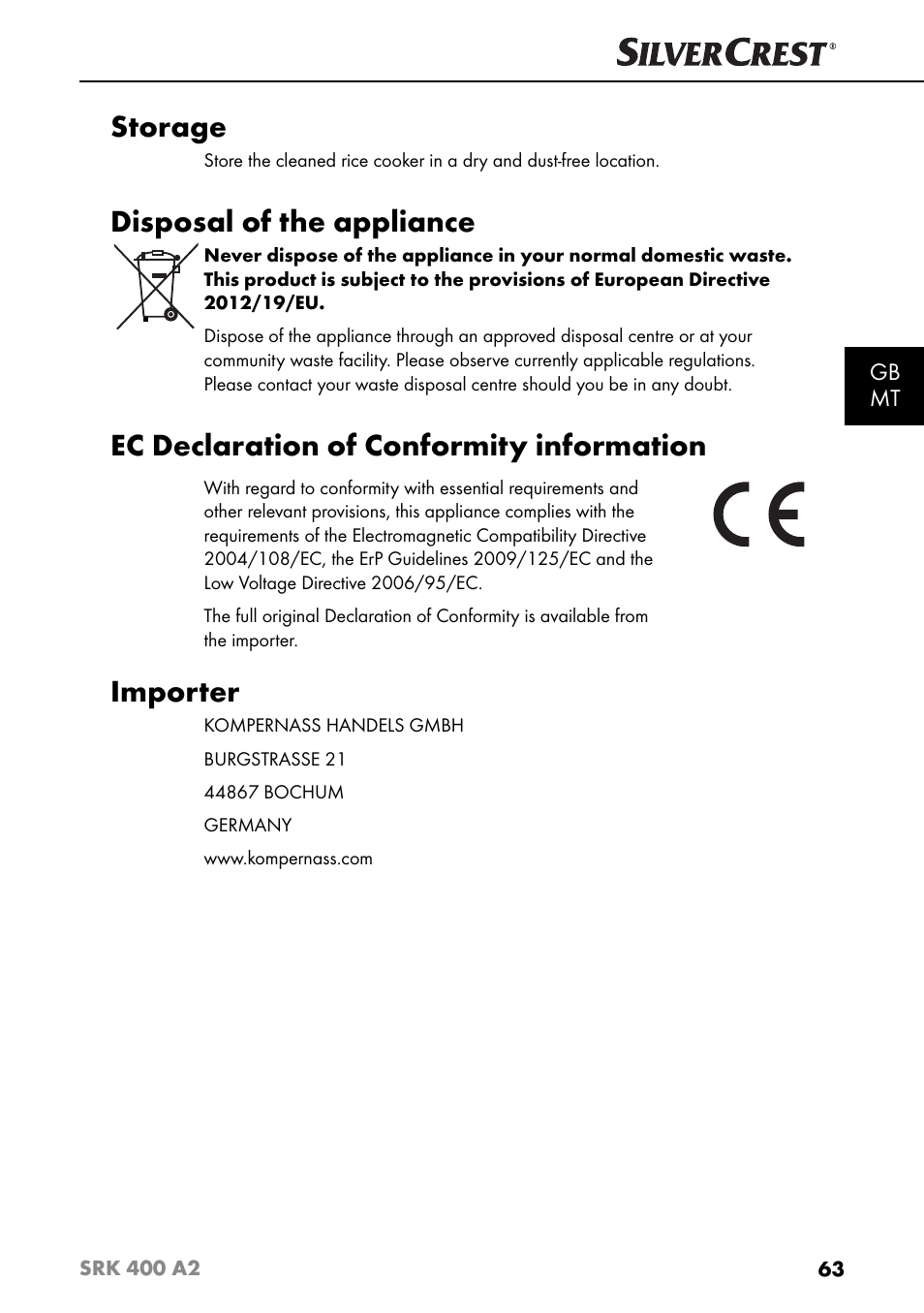 Storage, Disposal of the appliance, Ec declaration of conformity information | Importer | Silvercrest SRK 400 A2 User Manual | Page 66 / 84