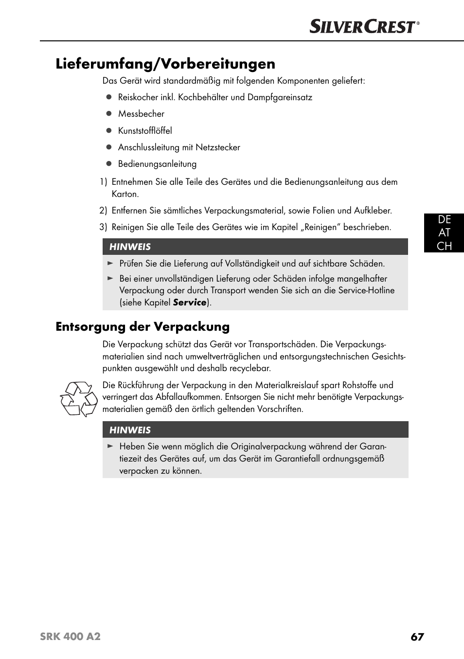 Lieferumfang/vorbereitungen, Entsorgung der verpackung, De at ch | Silvercrest SRK 400 A2 User Manual | Page 70 / 84