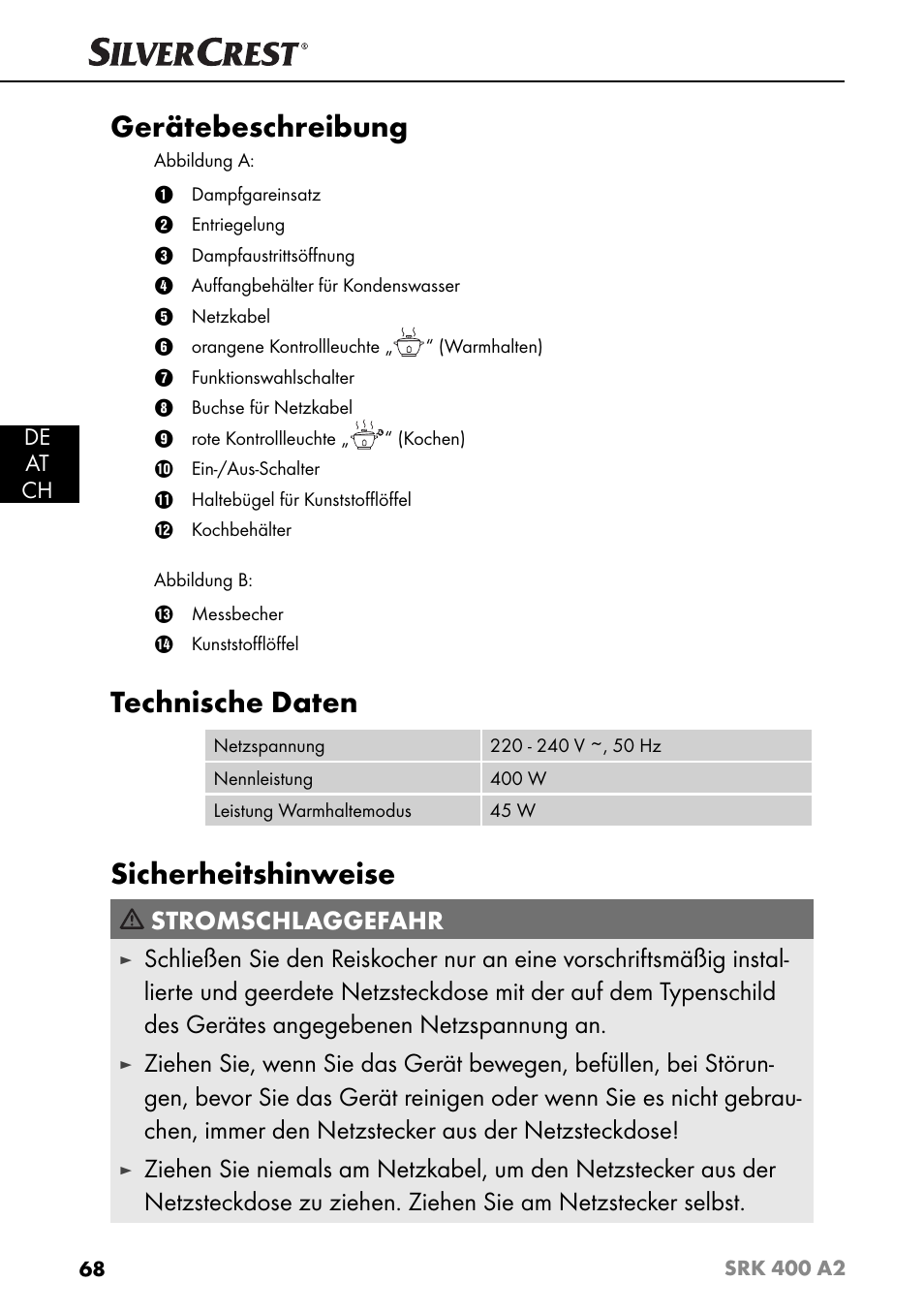 Gerätebeschreibung, Technische daten, Sicherheitshinweise | Stromschlaggefahr | Silvercrest SRK 400 A2 User Manual | Page 71 / 84