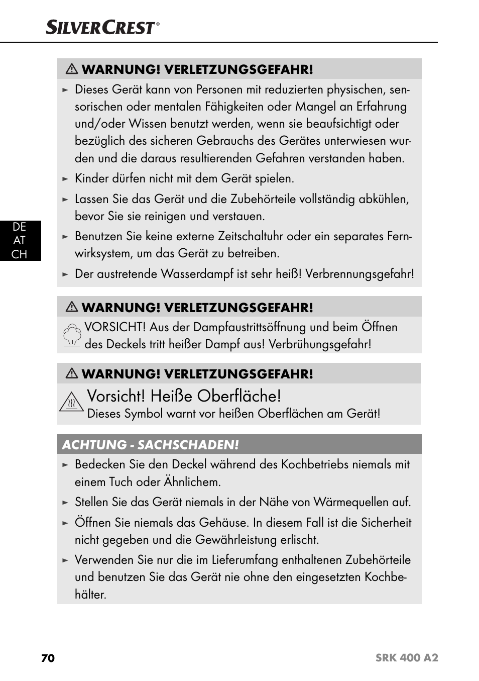 Vorsicht! heiße oberﬂ äche, Warnung! verletzungsgefahr, Kinder dürfen nicht mit dem gerät spielen | Silvercrest SRK 400 A2 User Manual | Page 73 / 84