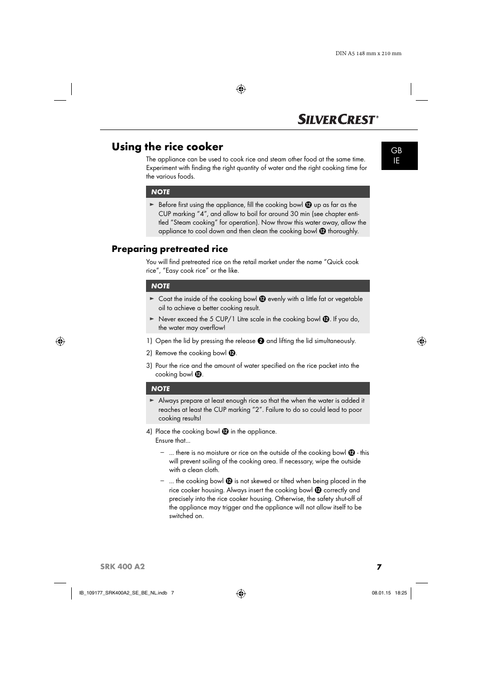 Using the rice cooker, Preparing pretreated rice, Gb ie | Silvercrest SRK 400 A2 User Manual | Page 10 / 84