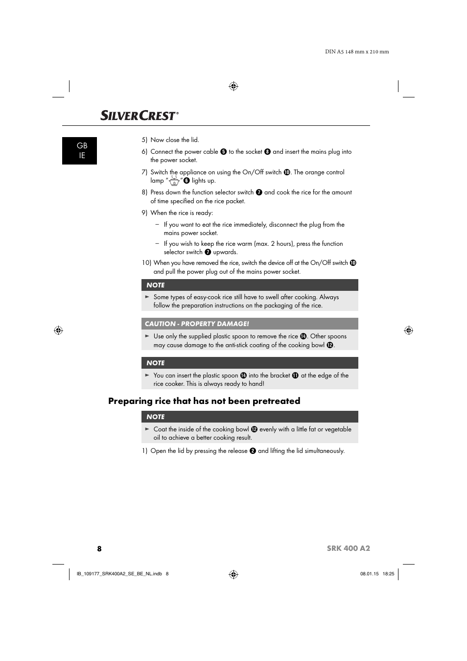 Preparing rice that has not been pretreated, Gb ie | Silvercrest SRK 400 A2 User Manual | Page 11 / 84