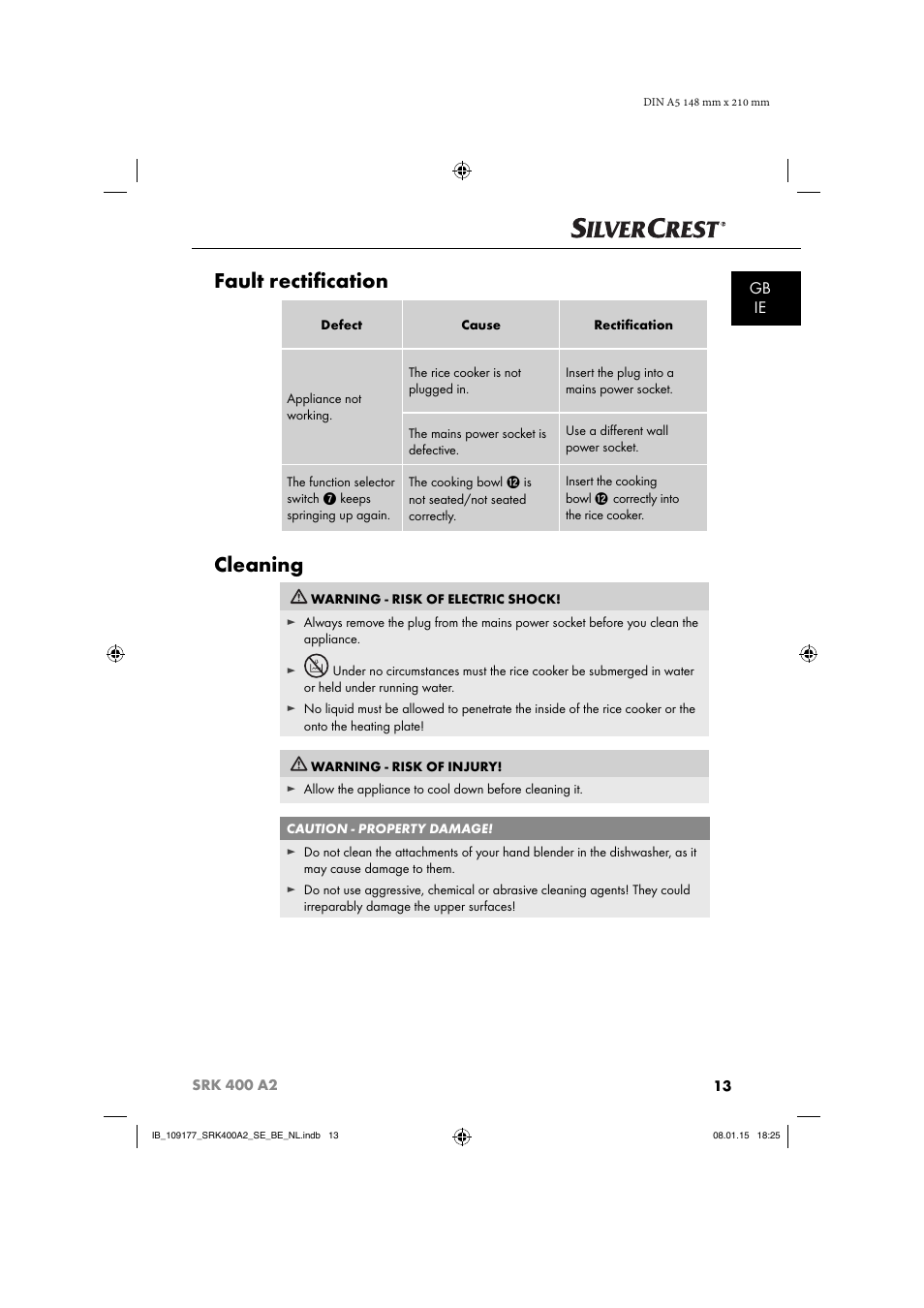 Fault rectiﬁ cation, Cleaning, Gb ie | Silvercrest SRK 400 A2 User Manual | Page 16 / 84