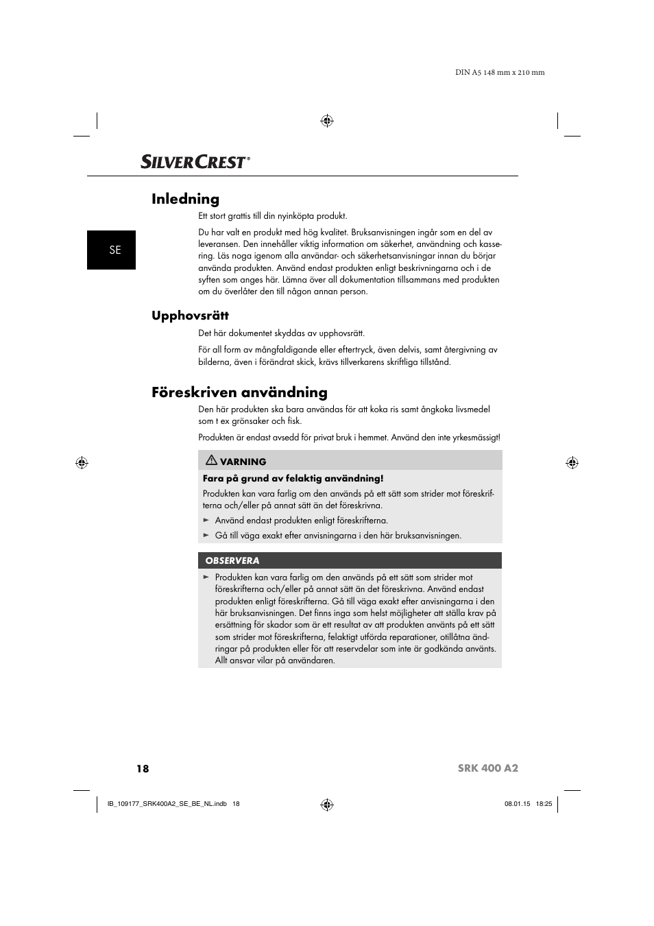 Inledning, Föreskriven användning, Upphovsrätt | Silvercrest SRK 400 A2 User Manual | Page 21 / 84