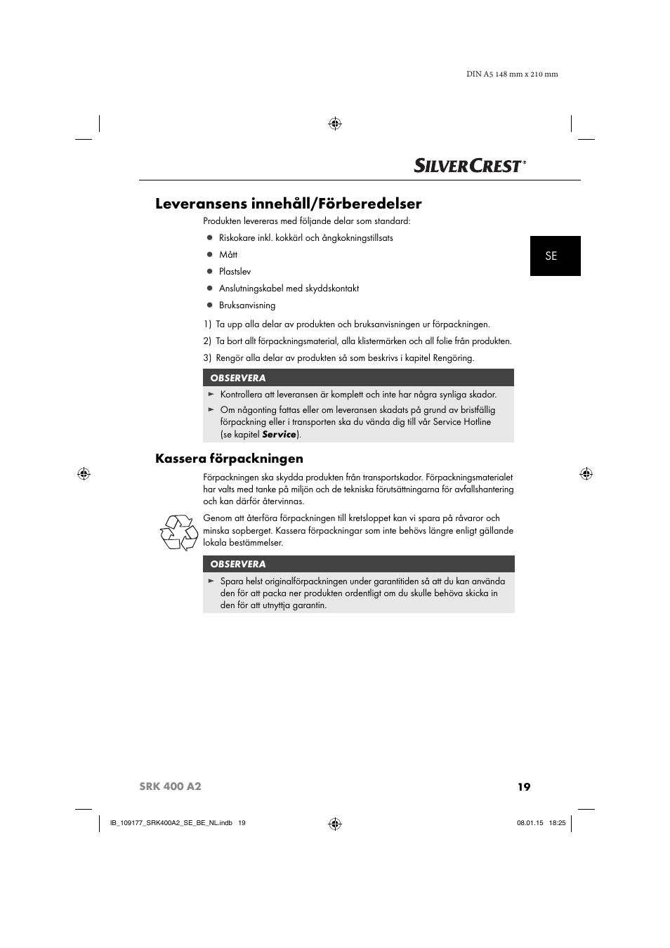 Leveransens innehåll/förberedelser, Kassera förpackningen | Silvercrest SRK 400 A2 User Manual | Page 22 / 84