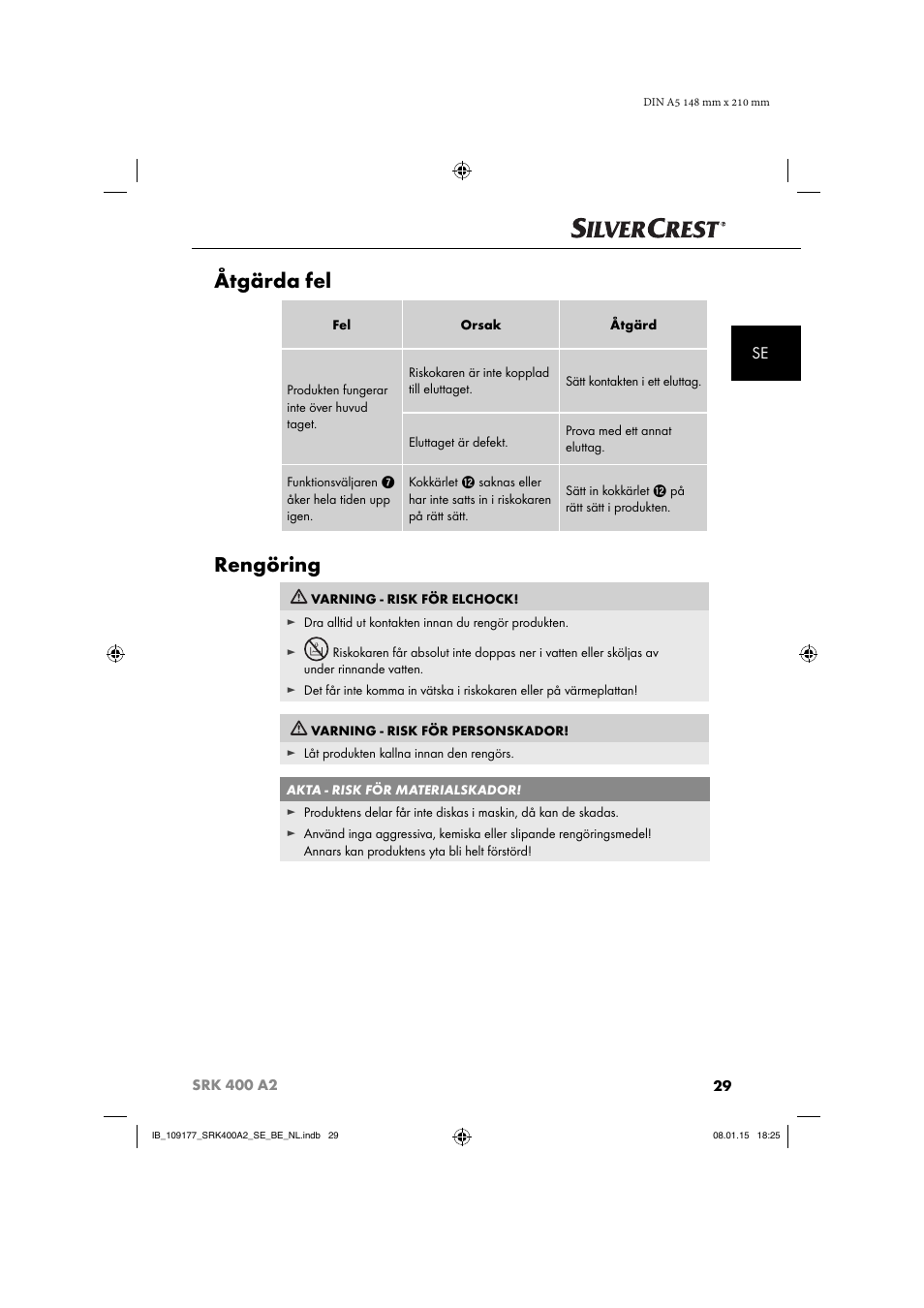 Åtgärda fel, Rengöring | Silvercrest SRK 400 A2 User Manual | Page 32 / 84