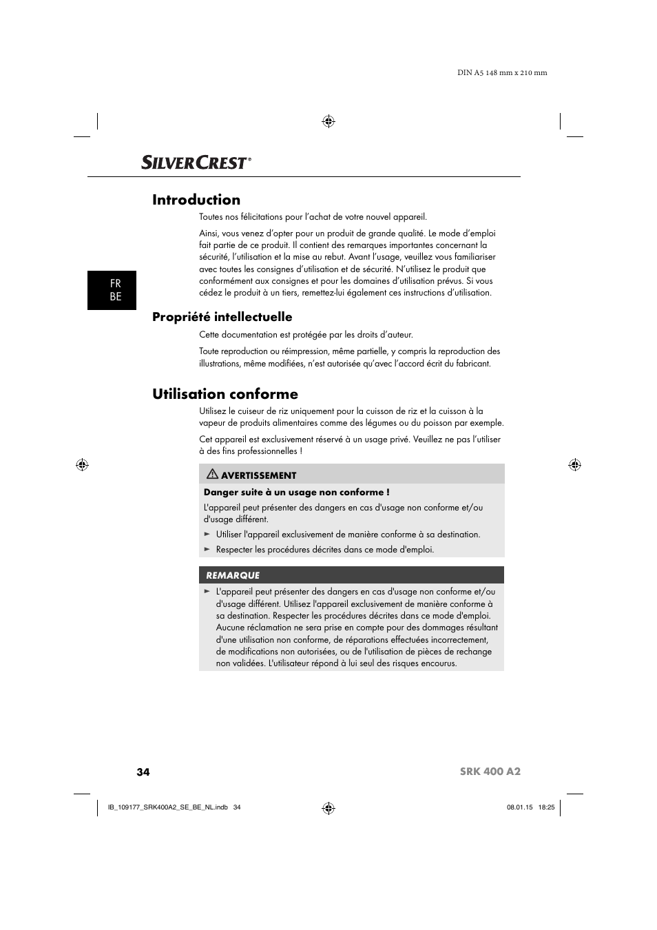 Introduction, Utilisation conforme, Propriété intellectuelle | Fr be | Silvercrest SRK 400 A2 User Manual | Page 37 / 84