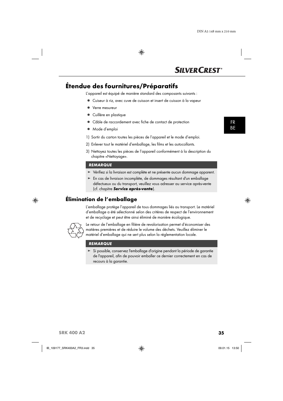 Étendue des fournitures/préparatifs, Élimination de l’emballage, Fr be | Silvercrest SRK 400 A2 User Manual | Page 38 / 84