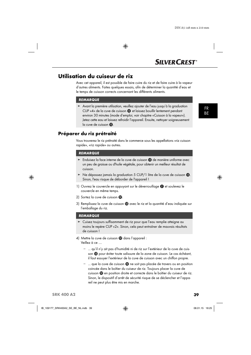 Utilisation du cuiseur de riz, Préparer du riz prétraité, Fr be | Silvercrest SRK 400 A2 User Manual | Page 42 / 84