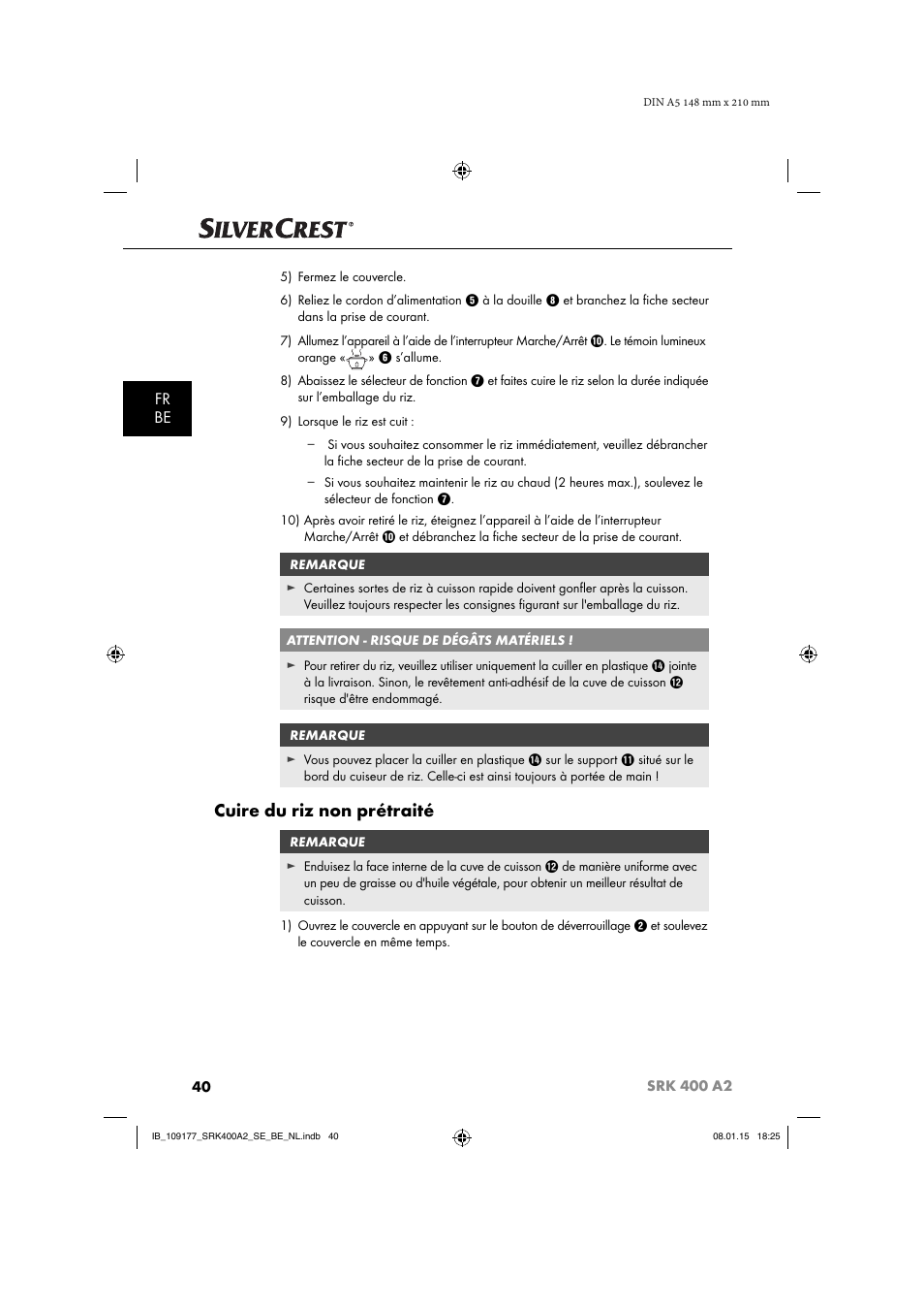 Cuire du riz non prétraité, Fr be | Silvercrest SRK 400 A2 User Manual | Page 43 / 84