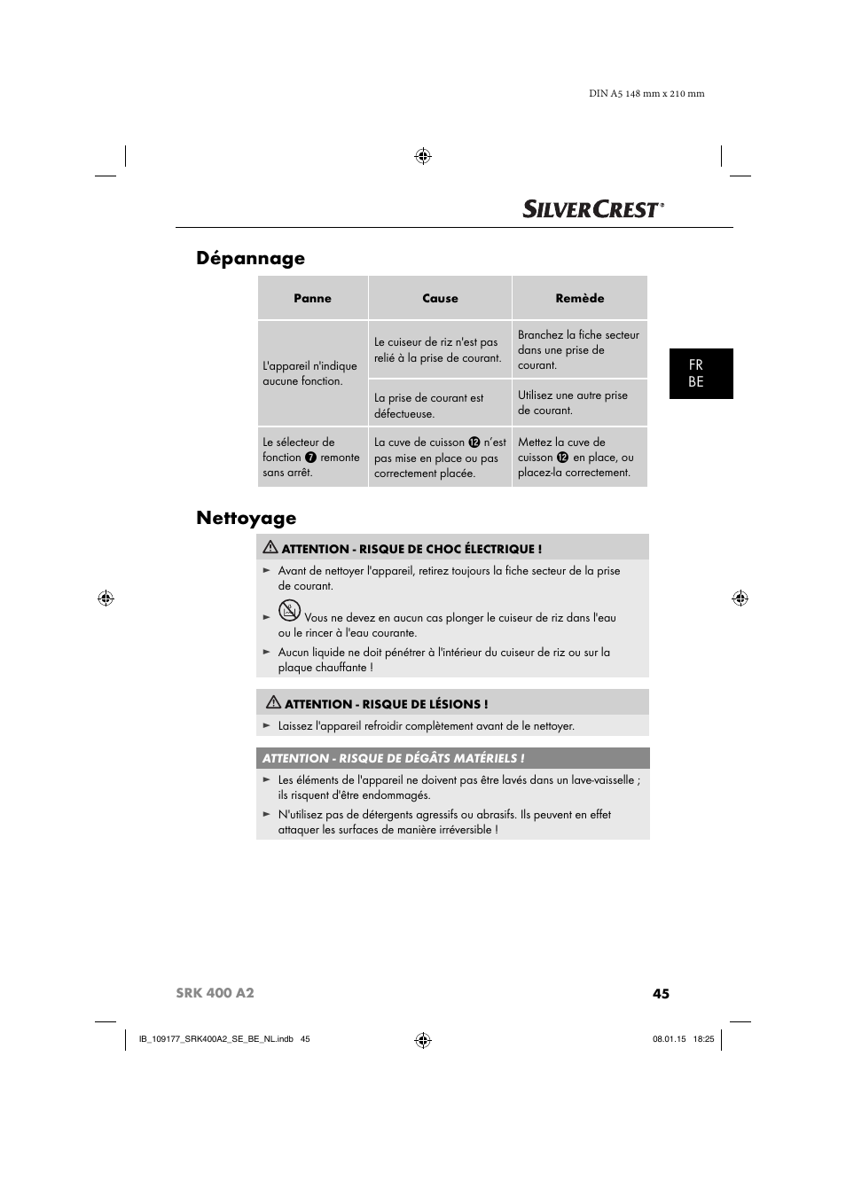 Dépannage, Nettoyage, Fr be | Silvercrest SRK 400 A2 User Manual | Page 48 / 84