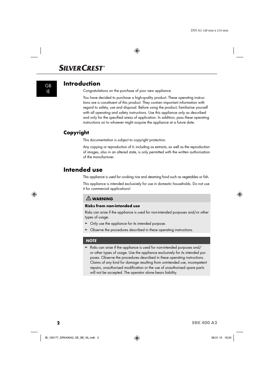 Introduction, Intended use, Copyright | Gb ie | Silvercrest SRK 400 A2 User Manual | Page 5 / 84