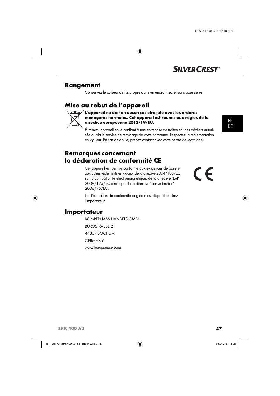 Rangement, Mise au rebut de l’appareil, Importateur | Fr be | Silvercrest SRK 400 A2 User Manual | Page 50 / 84