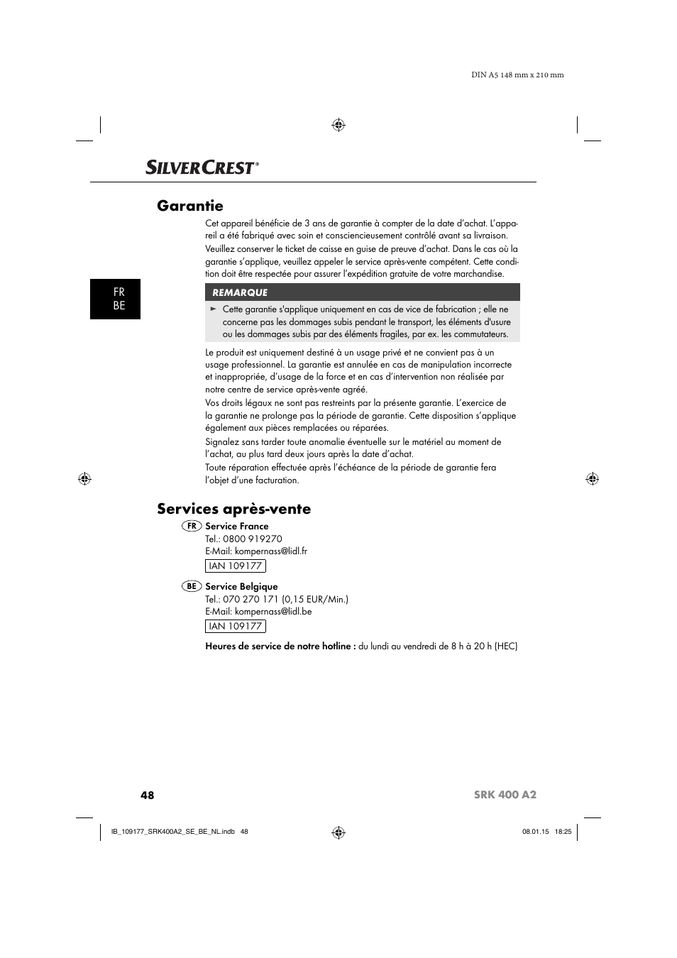 Garantie, Services après-vente, Fr be | Silvercrest SRK 400 A2 User Manual | Page 51 / 84