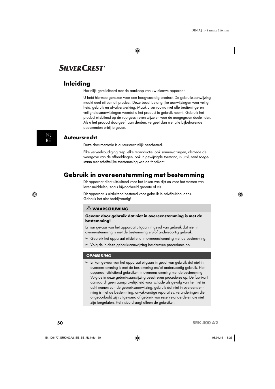 Inleiding, Gebruik in overeenstemming met bestemming, Auteursrecht | Nl be | Silvercrest SRK 400 A2 User Manual | Page 53 / 84