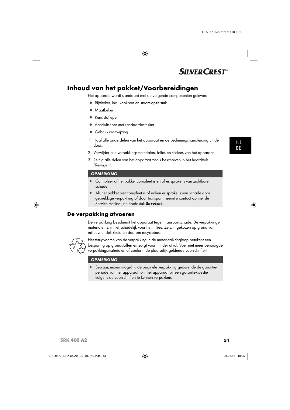 Inhoud van het pakket/voorbereidingen, De verpakking afvoeren, Nl be | Silvercrest SRK 400 A2 User Manual | Page 54 / 84