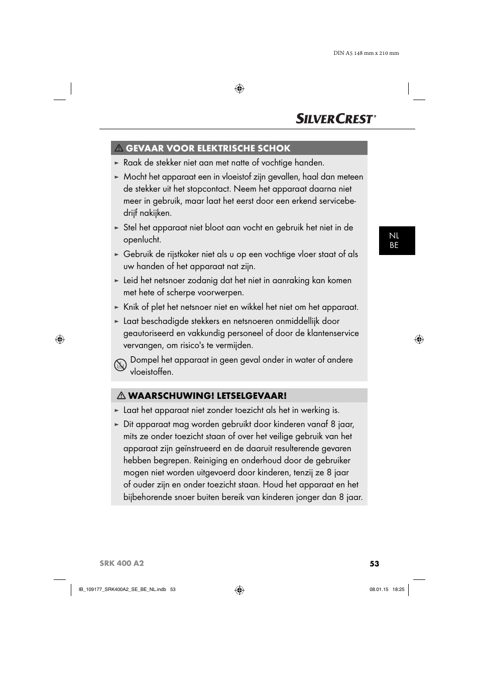 Gevaar voor elektrische schok | Silvercrest SRK 400 A2 User Manual | Page 56 / 84