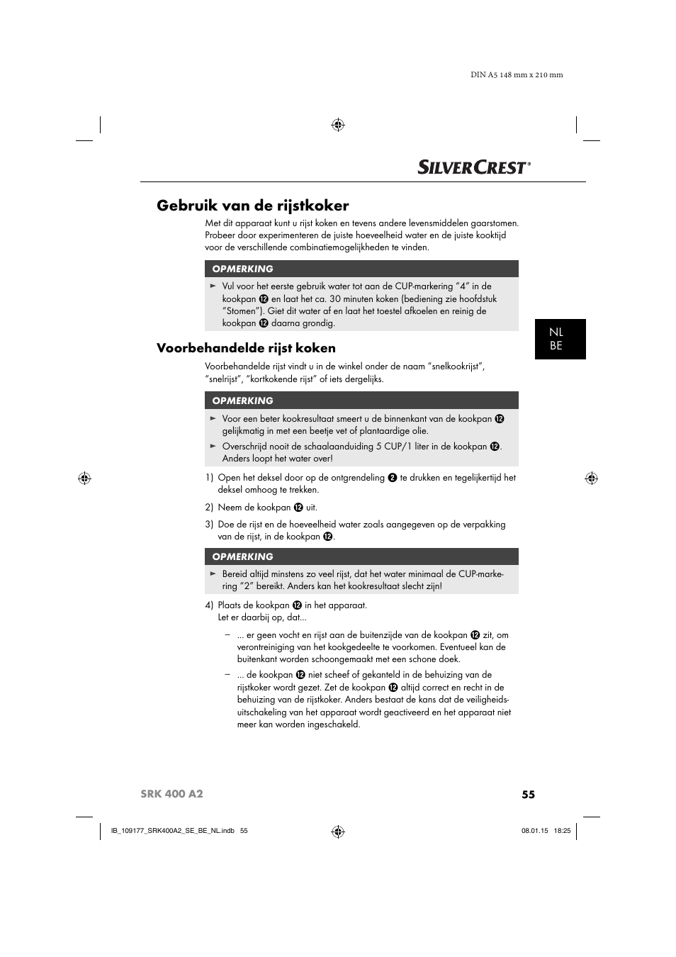 Gebruik van de rijstkoker, Voorbehandelde rijst koken, Nl be | Silvercrest SRK 400 A2 User Manual | Page 58 / 84