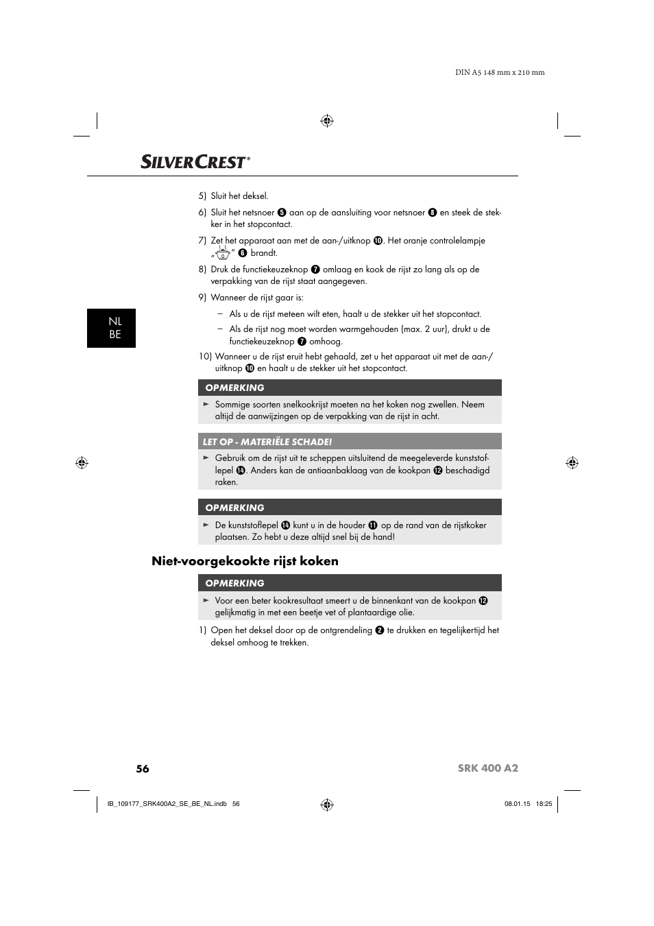 Niet-voorgekookte rijst koken, Nl be | Silvercrest SRK 400 A2 User Manual | Page 59 / 84