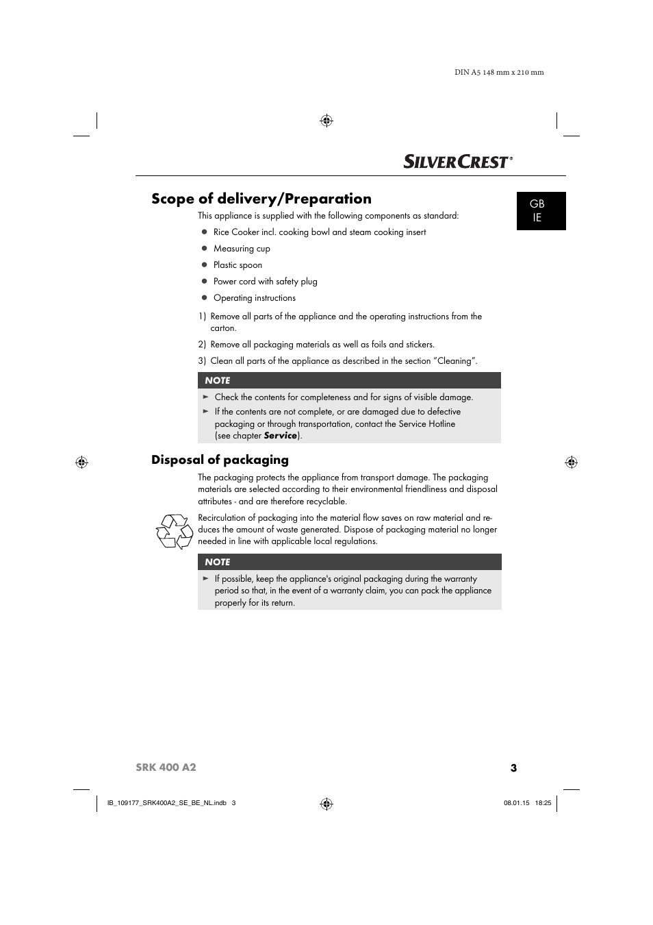 Scope of delivery/preparation, Disposal of packaging, Gb ie | Silvercrest SRK 400 A2 User Manual | Page 6 / 84