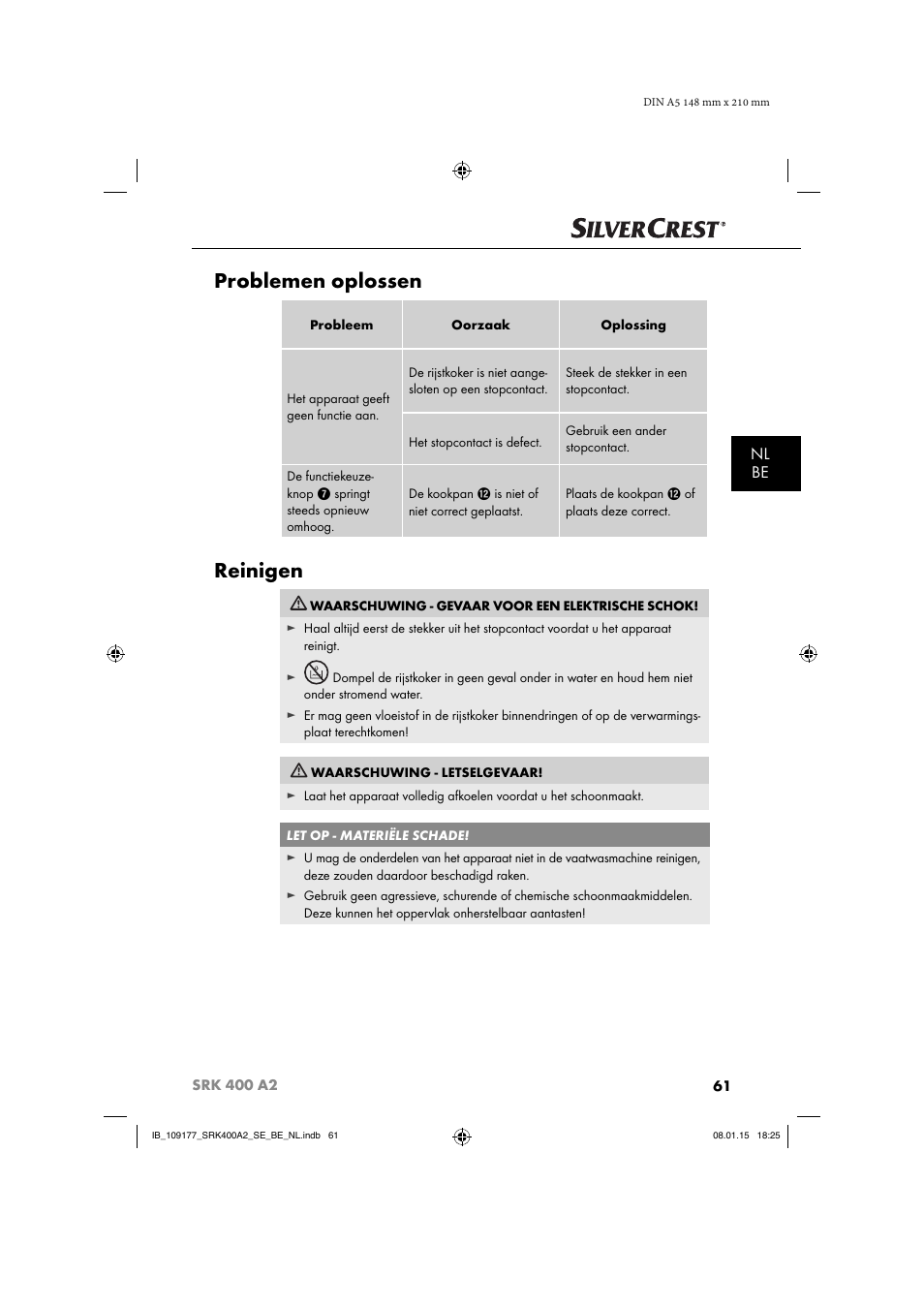 Problemen oplossen, Reinigen, Nl be | Silvercrest SRK 400 A2 User Manual | Page 64 / 84