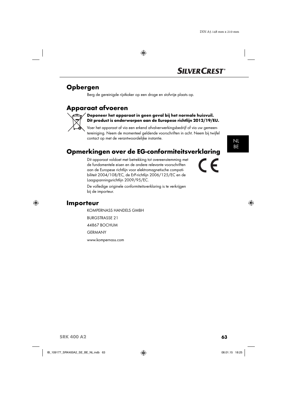 Opbergen, Apparaat afvoeren, Opmerkingen over de eg-conformiteitsverklaring | Importeur, Nl be | Silvercrest SRK 400 A2 User Manual | Page 66 / 84