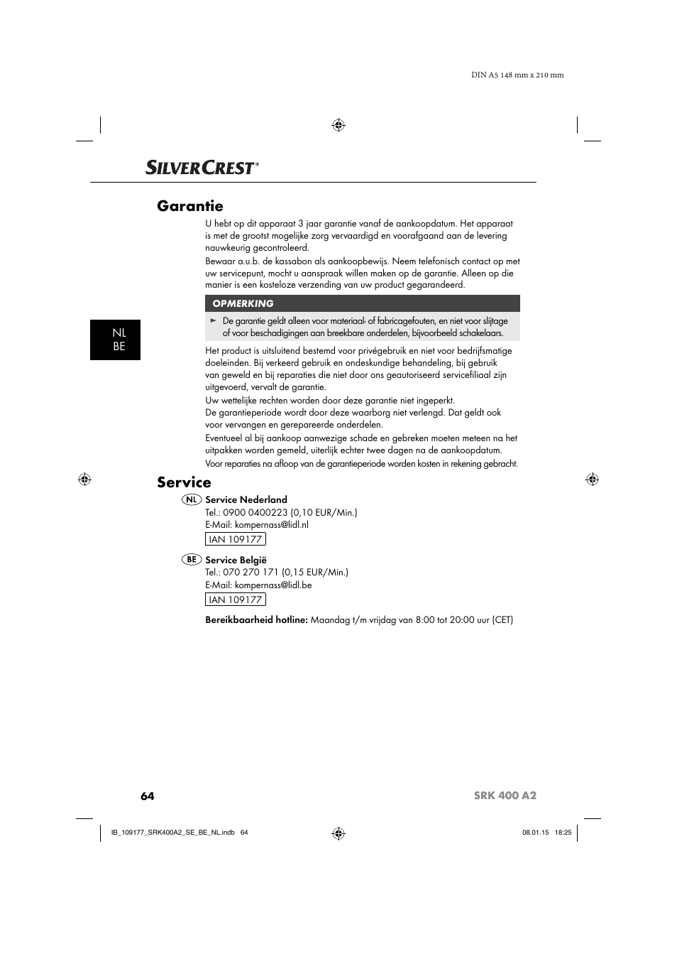 Garantie, Service, Nl be | Silvercrest SRK 400 A2 User Manual | Page 67 / 84
