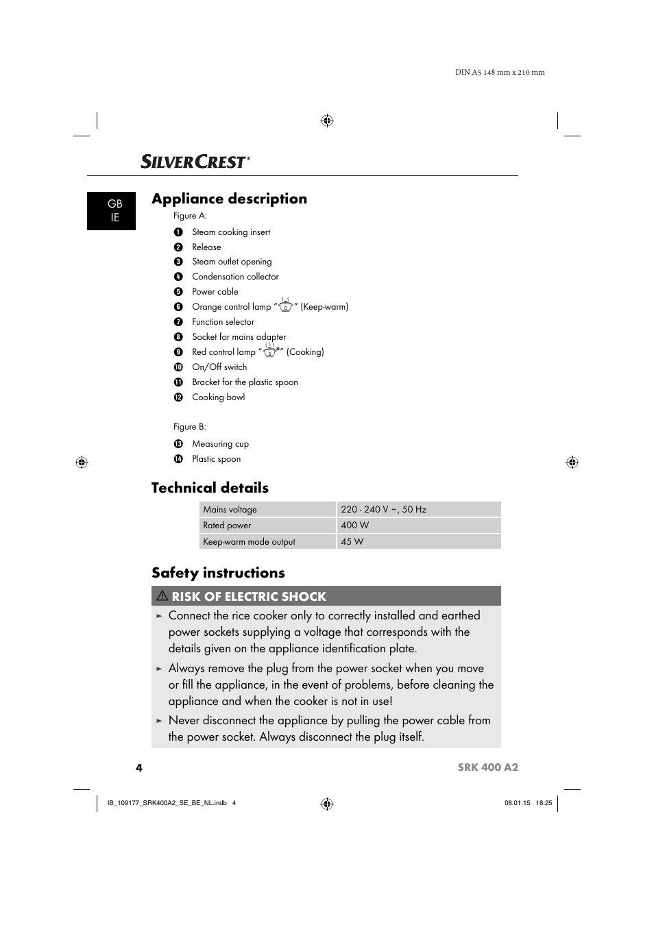 Appliance description, Technical details, Safety instructions | Risk of electric shock, Gb ie | Silvercrest SRK 400 A2 User Manual | Page 7 / 84