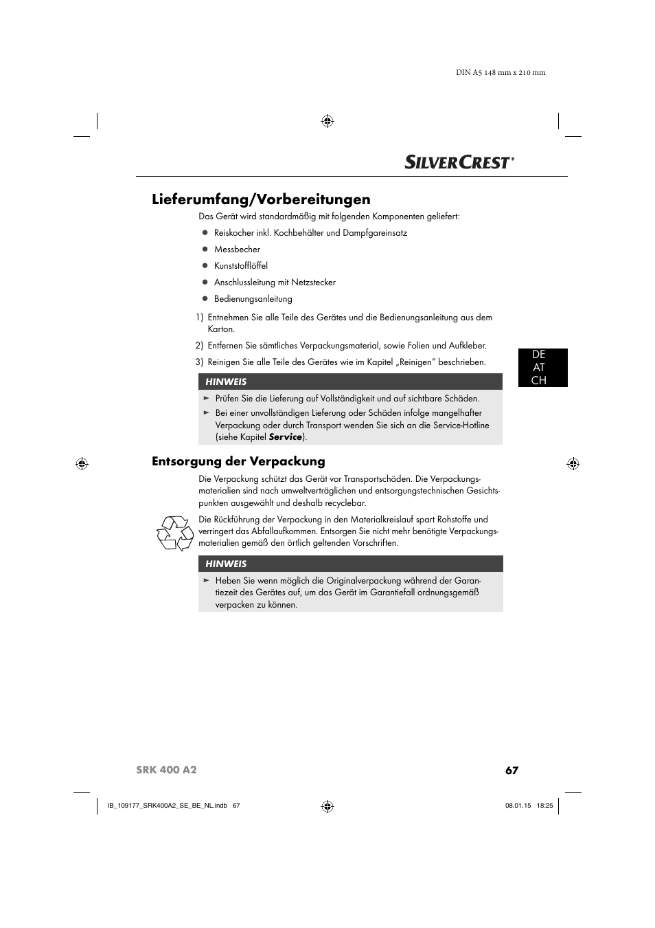 Lieferumfang/vorbereitungen, Entsorgung der verpackung, De at ch | Silvercrest SRK 400 A2 User Manual | Page 70 / 84