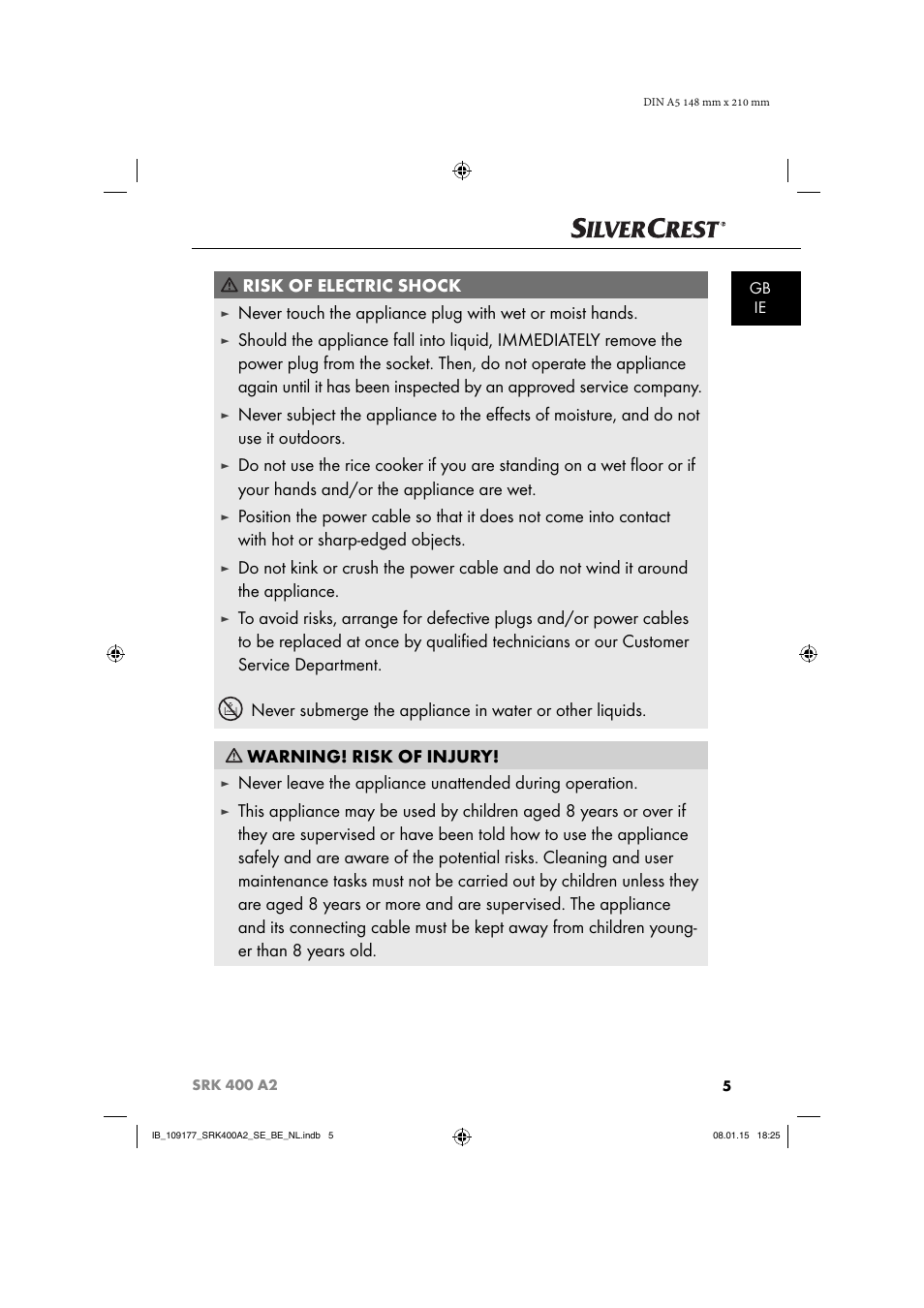Risk of electric shock | Silvercrest SRK 400 A2 User Manual | Page 8 / 84