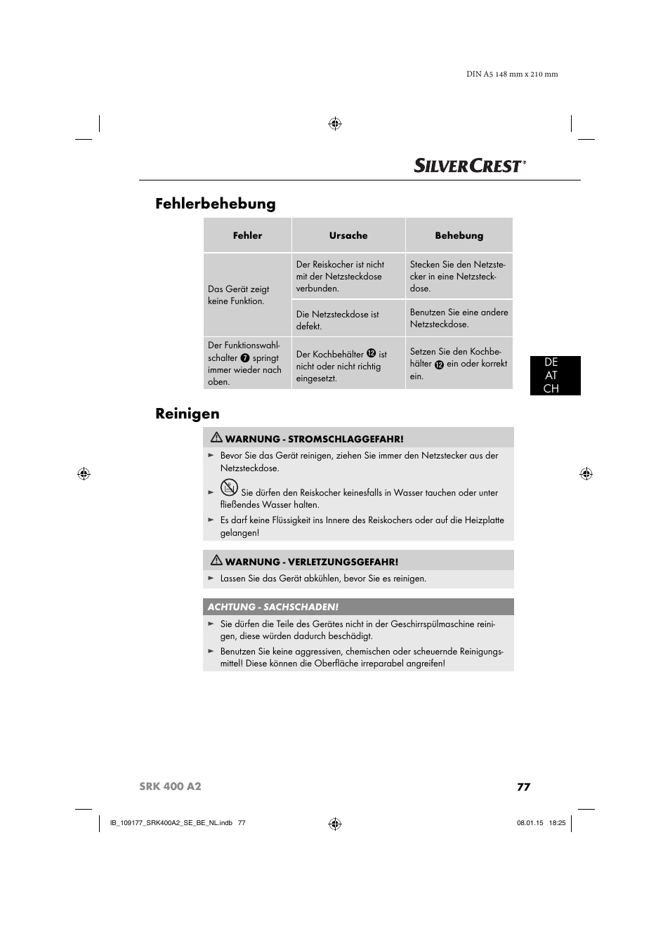 Fehlerbehebung, Reinigen, De at ch | Silvercrest SRK 400 A2 User Manual | Page 80 / 84