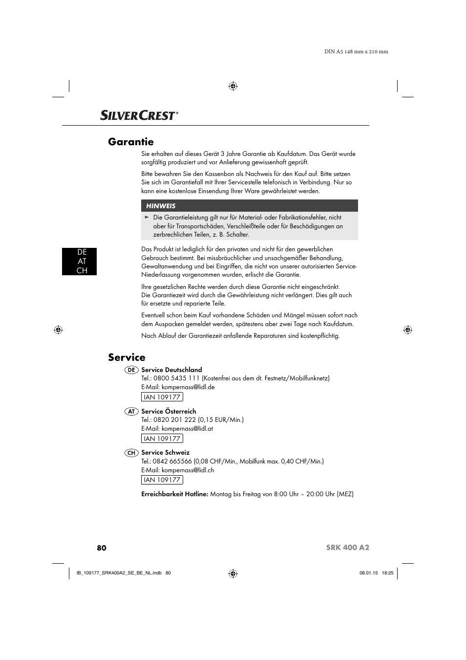 Garantie, Service, De at ch | Silvercrest SRK 400 A2 User Manual | Page 83 / 84