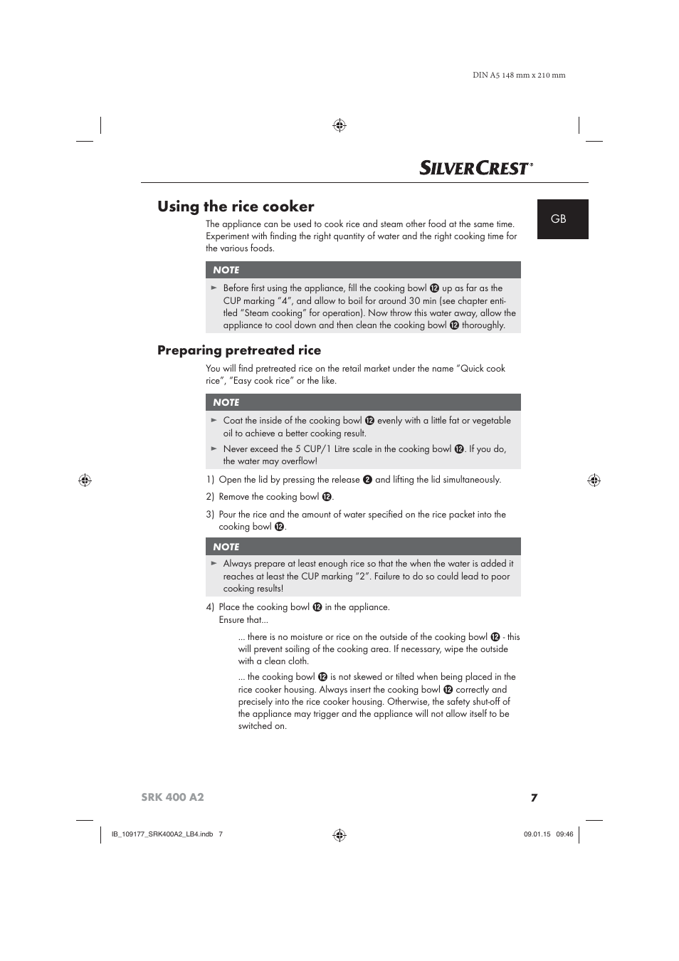 Using the rice cooker, Preparing pretreated rice | Silvercrest SRK 400 A2 User Manual | Page 10 / 100