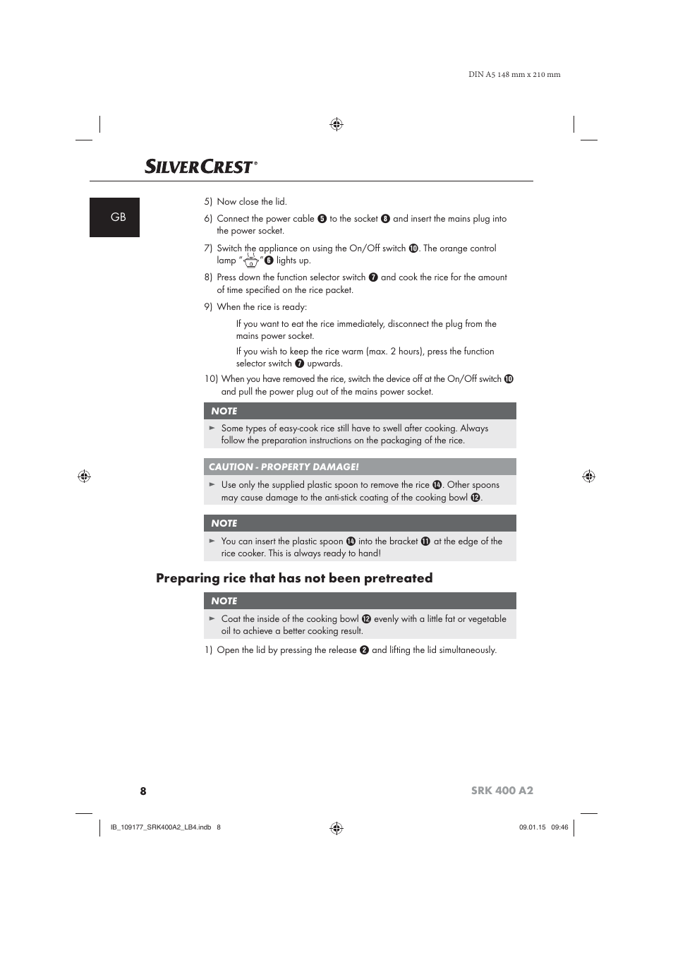 Preparing rice that has not been pretreated | Silvercrest SRK 400 A2 User Manual | Page 11 / 100