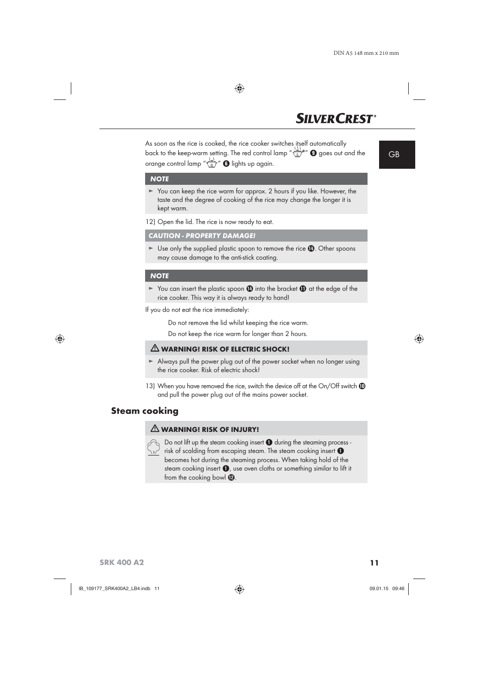 Steam cooking | Silvercrest SRK 400 A2 User Manual | Page 14 / 100