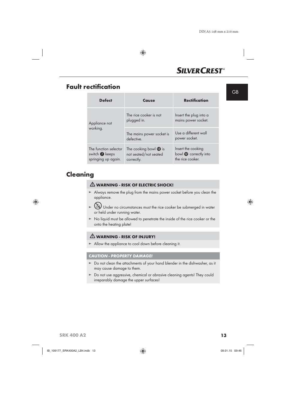 Fault rectiﬁ cation, Cleaning | Silvercrest SRK 400 A2 User Manual | Page 16 / 100