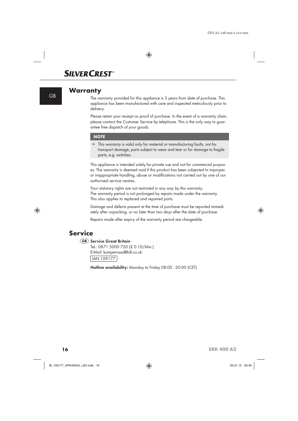 Warranty, Service | Silvercrest SRK 400 A2 User Manual | Page 19 / 100