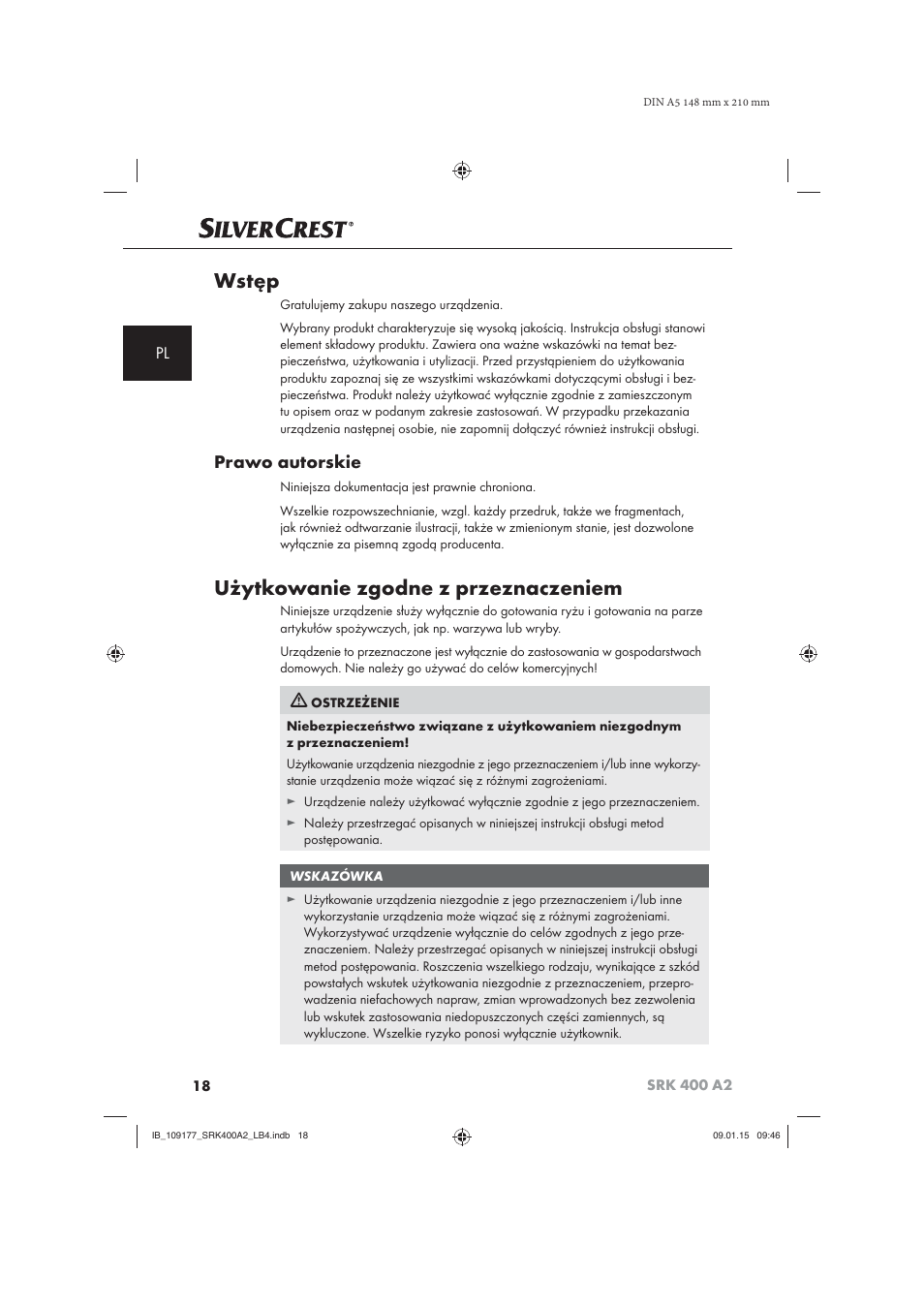 Wstęp, Użytkowanie zgodne z przeznaczeniem, Prawo autorskie | Silvercrest SRK 400 A2 User Manual | Page 21 / 100