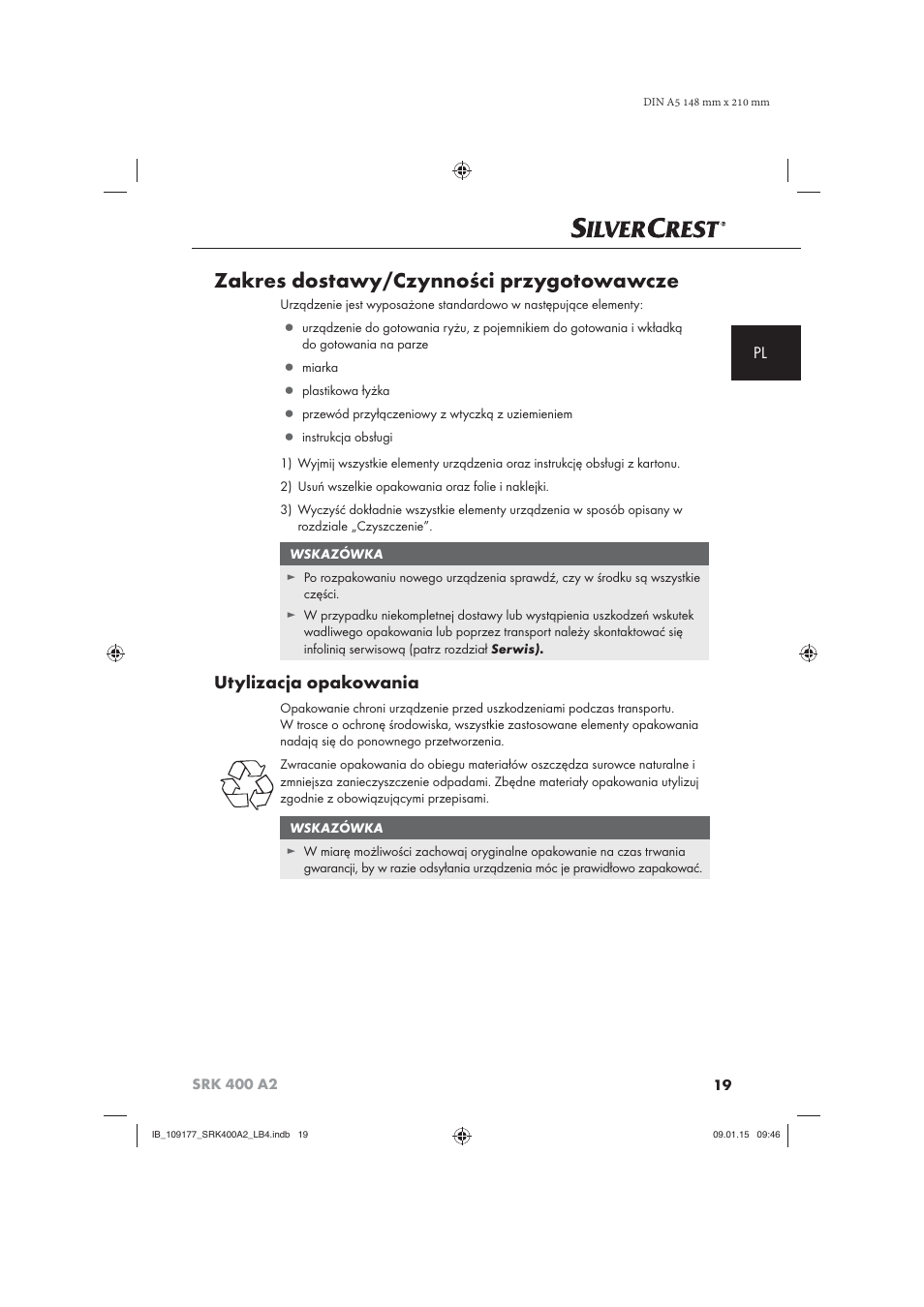 Zakres dostawy/czynności przygotowawcze, Utylizacja opakowania | Silvercrest SRK 400 A2 User Manual | Page 22 / 100