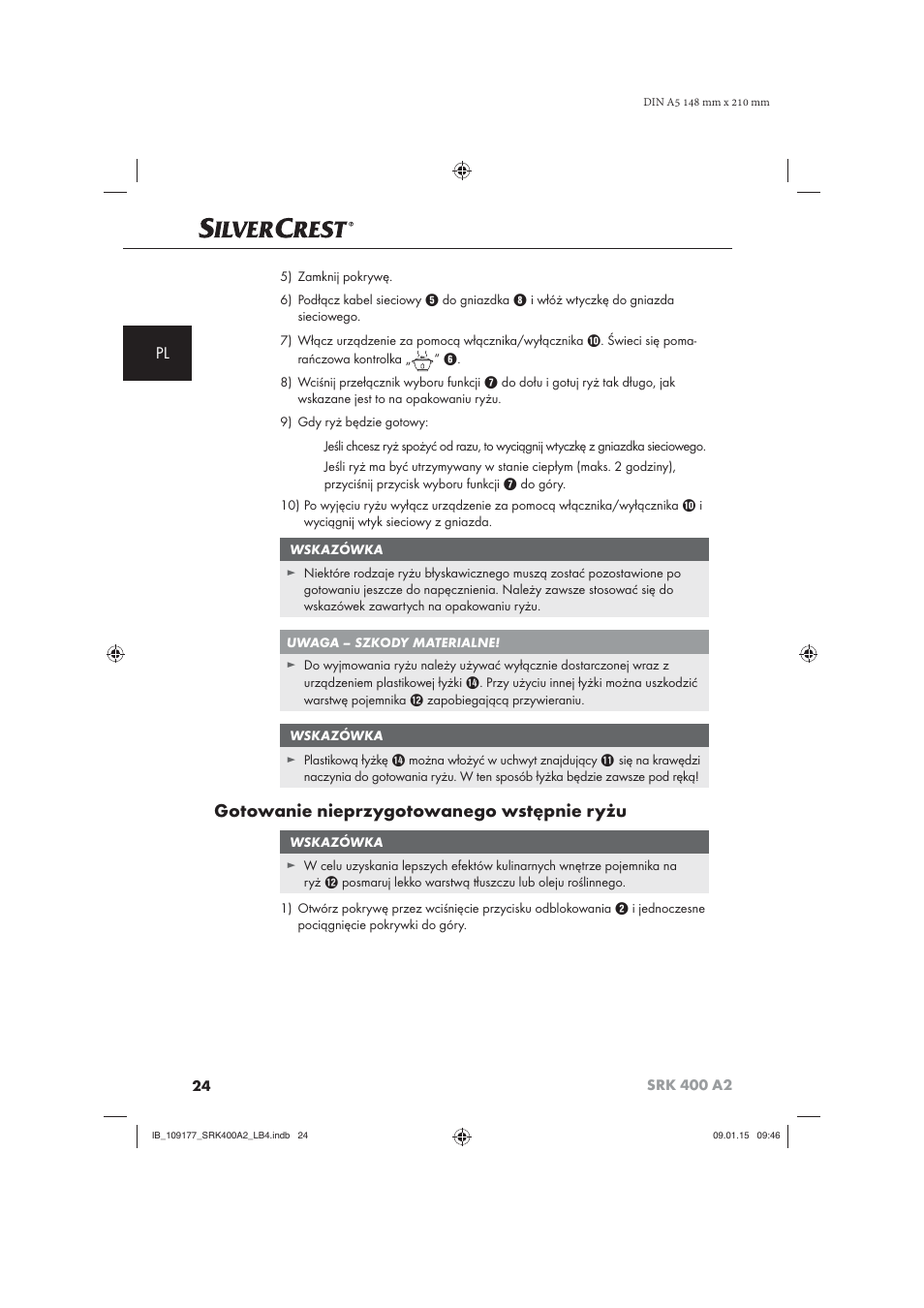 Gotowanie nieprzygotowanego wstępnie ryżu | Silvercrest SRK 400 A2 User Manual | Page 27 / 100