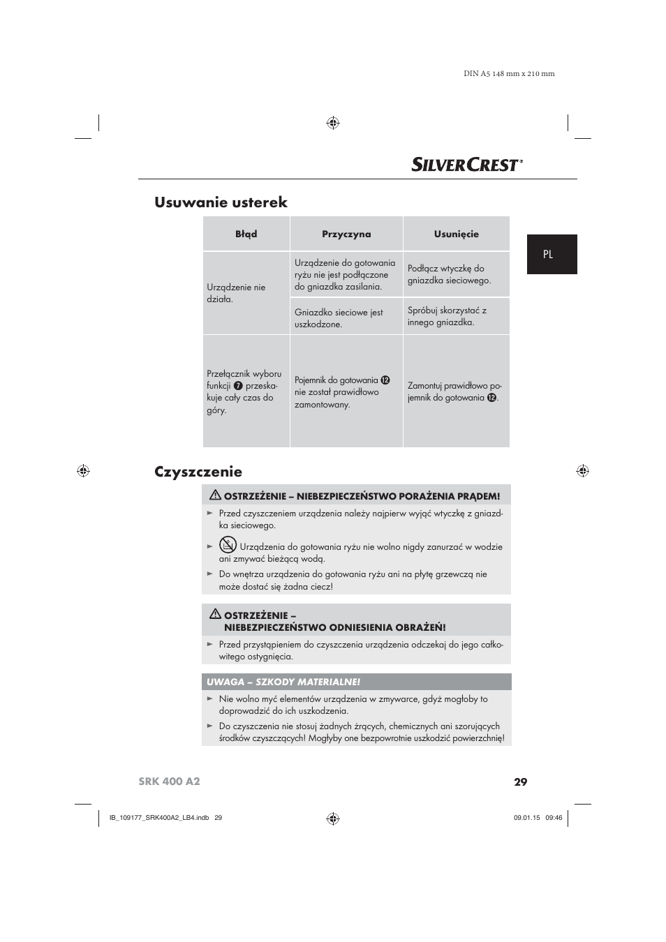 Usuwanie usterek, Czyszczenie | Silvercrest SRK 400 A2 User Manual | Page 32 / 100