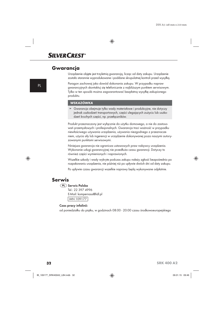 Gwarancja, Serwis | Silvercrest SRK 400 A2 User Manual | Page 35 / 100