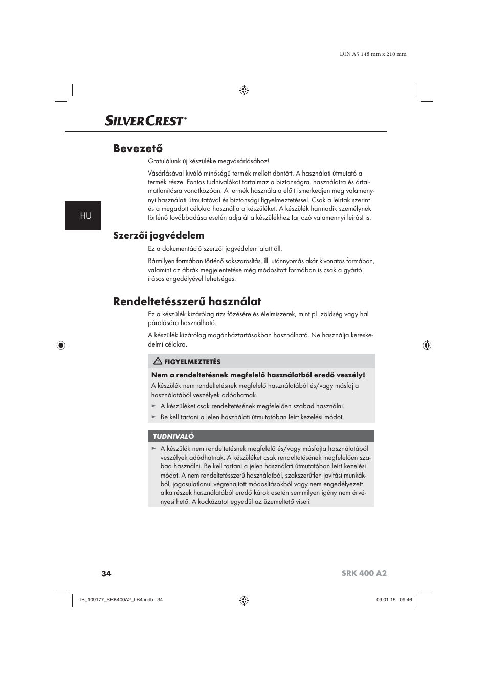 Bevezető, Rendeltetésszerű használat, Szerzői jogvédelem | Silvercrest SRK 400 A2 User Manual | Page 37 / 100